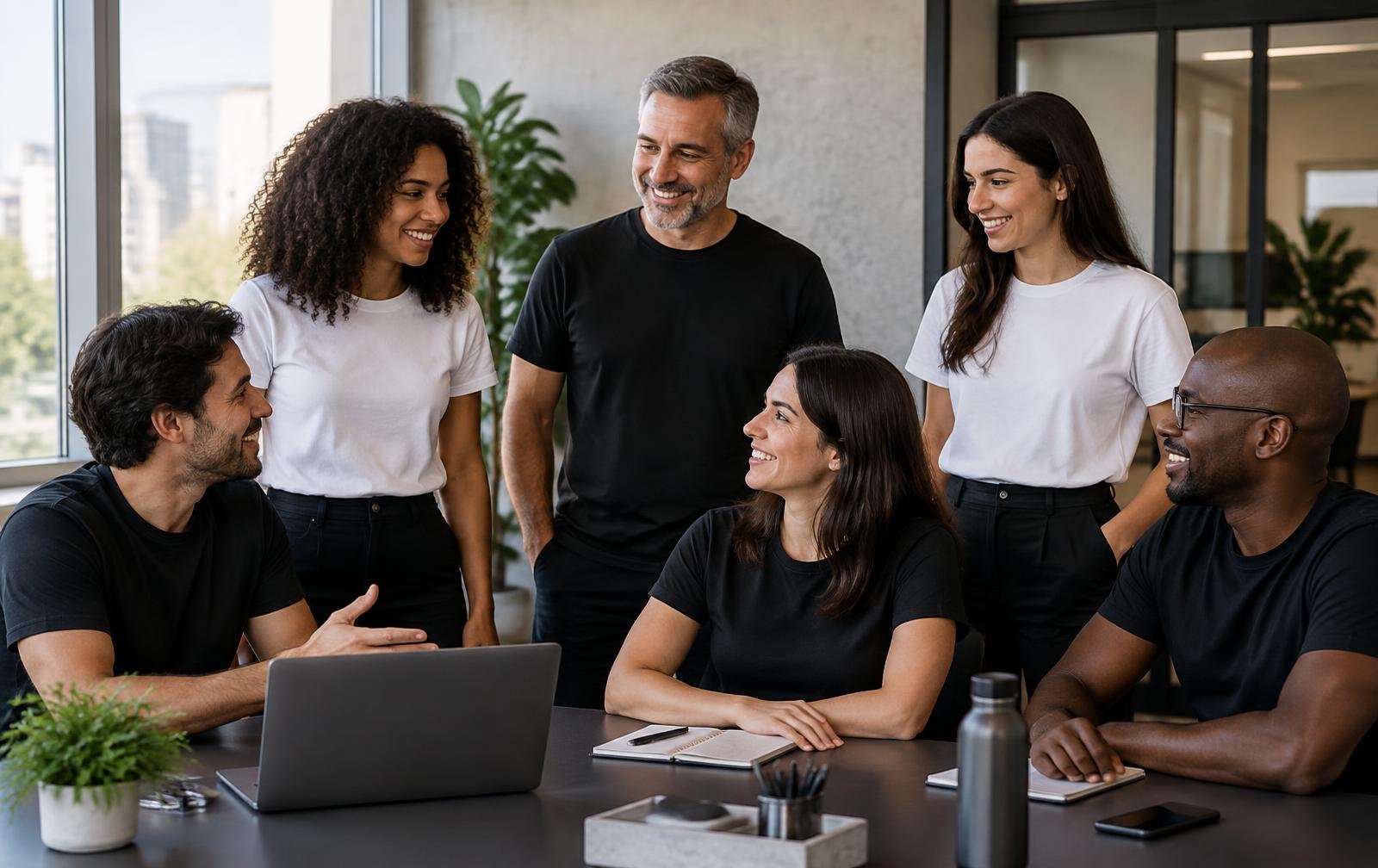 Equipe diversa usando uniformes corporativos em um escritório